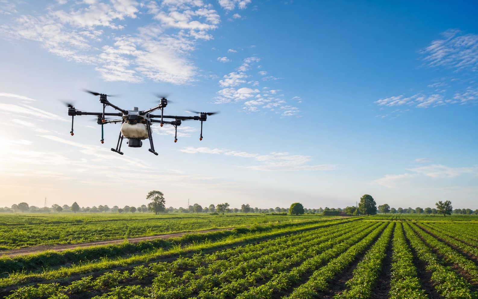 Drone flying above open field and sky