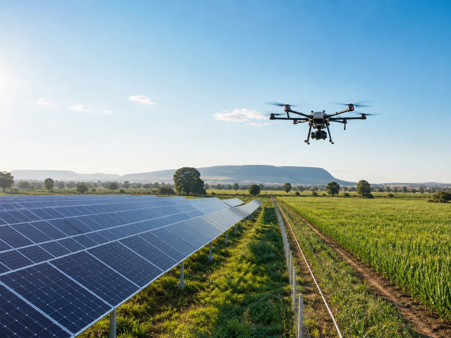 Drone inspection over solar panels and fields